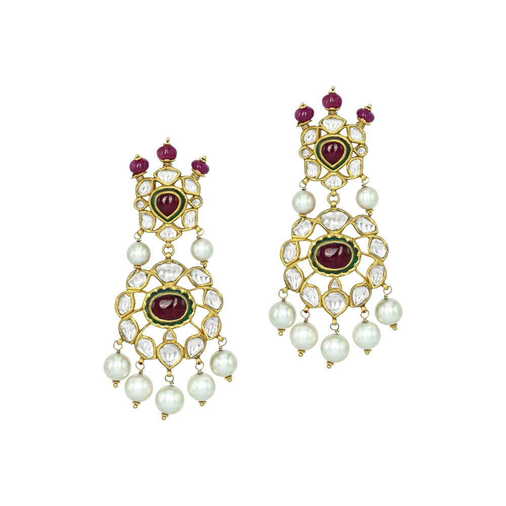 Polki Choker Set with Ruby Cabochons, Pearl Drops, and Pendant
